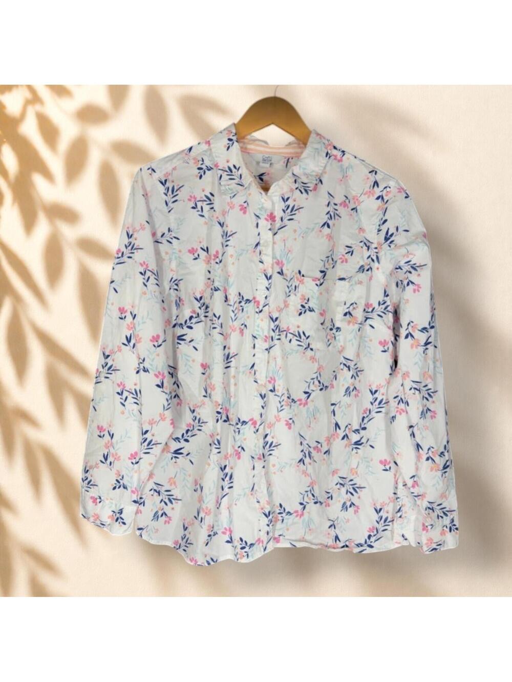 Croft & Barrow Shirt Women 1X Plus White Floral Button Up Collared Long Sleeve